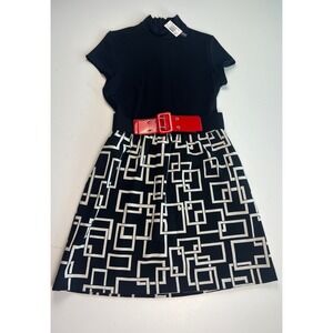 Y2K Style Black Mock Neck Dress Geometric Print Red Belted Short Sleeve Women 8